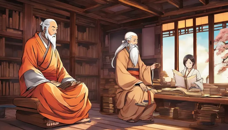 old zen master and his pupil sitting together in a wooden cottage, teaching lessons, surrounded by books