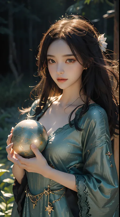 beautiful witch girl in a magical fantasy world., wear glasses,stand under the starry sky, with sparkling eyes and charming lips...