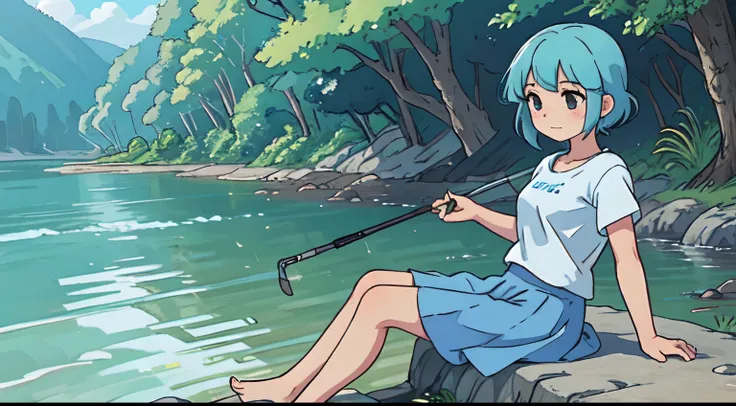 Fishing in the river, summer, Sit under a tree near the rocks, girl, yellowish blue hair, hd, tired face,barefoot,loli,Wearing a blue t-shirt, short skirt,Catching fish,