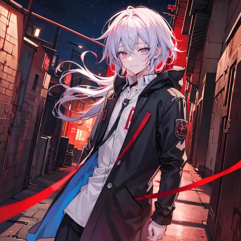 Anime boy, detailed, depressed, his heart ripped from his chest by his own hands, crying blood and smiling maniacally, eyes gloooming in the shadow, background, dark alley street background, detailed background, cyber street, blood moon, moonlight, starry ...