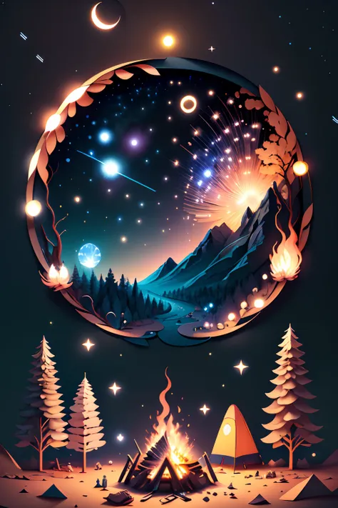 (((masterpiece))),best quality,illustration,beautiful detailed glow, paper_cut, masterpiece, 1 man observing ( Orionids meteor shower), Orionids meteor shower, solo, camping, campfire, looking at the Orionids meteor shower, from behind, from below, outdoor...