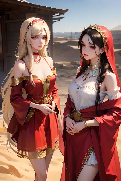 JasmineWaifu， Arabic costumes ，8K，Beautiful face， Realistic photos, off-the-shoulder shirts, Skirts are tied more, Long hair jewelry red arabic costume standing next to Arabian horse in the desert