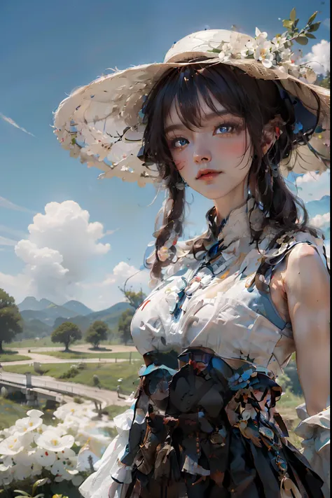 《Genshin Impact》walnuts, White background,  Cute pose, large grassland, Beautiful woman in a sun hat standing on the prairie, Large clouds, Blue sky, louka, forest, hillside, secluded, tourist attraction, high definition detail, Hyper-detailing, Cinematic,...