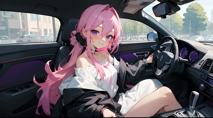 (masterpiece, best quality),1girl sitting in a car ,1girl, jewelry, smile, looking at viewer, car interior, solo,pink hair, purple eyes, steering wheel, blush, long hair, white shirt, off shoulder, black jacket, hair between eyes, long sleeves, , wrist scr...