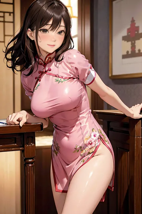 masutepiece,Best Quality,High resolution,Fine details,Solo,Adult Woman,blush,Curve,Large breasts,Sweat,Oily skin,(Brightly colored embroidered cheongsam),(a luxury hotel room)、Dark brown longhair、Shy laughter、Stretch the hem of the buttocks with a slouch、A...