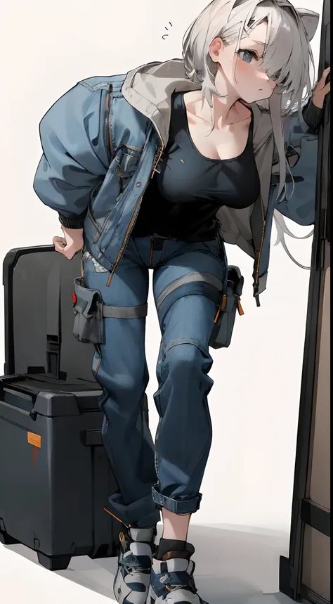 Leakage out of the collarbone，Neck leakage，Denim jacket，cargo pants，boobgasm，athletic sneakers，Board shoes，Stand up，standing straight，Blank background