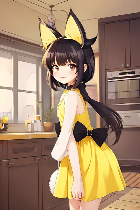 Anime girl in yellow dress standing in a room with a cat on her head, an anime drawing by Kamagurka, Pixiv Contest Winner, furry art, cute anime catgirl, beautiful anime catgirl, anime catgirl, Very Beautiful Anime Cat Girl, anime style 4 k, Anime girl wit...