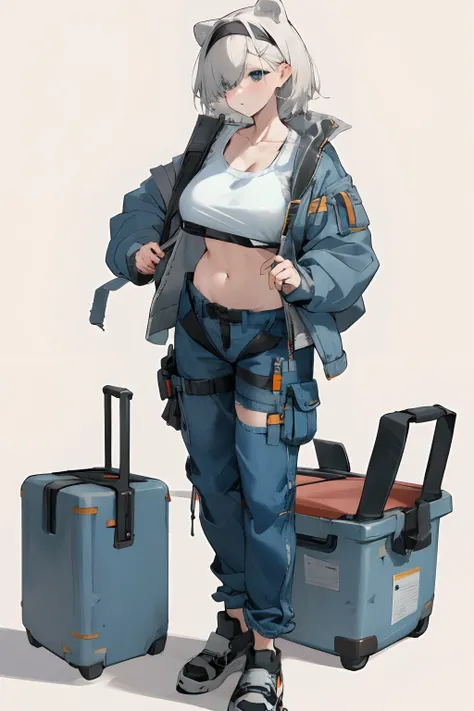 Leakage out of the collarbone，Neck leakage，Denim jacket，cargo pants，boobgasm，athletic sneakers，Board shoes，Stand up，standing straight，Blank background