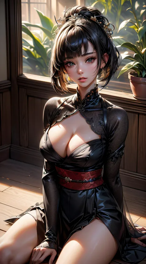 (((8k wallpaper of extremely detailed CG unit, ​masterpiece, 超A high resolution:1.2, top-quality:1.2, masutepiece, textures and maximum detail))), ((extremely beautiful lady, an ecstatic look on ones face, Sitting on the windowsill, Black bob cut hair, sex...