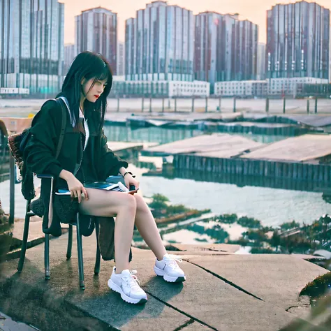 a Asian girl,sitting on chair,Looking down at the phone，Research institutes，City，Full Length Shot,Fullbody,black hair, 8k, super detail, ccurate, best quality