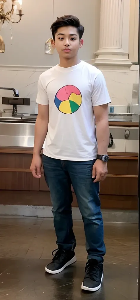 A boy wearing a white-sleeved shirt and standing