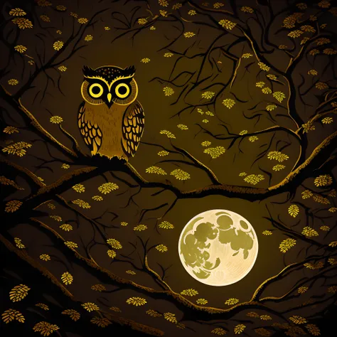 A cute owls sticker, golden eyes,cute white owls,a full moon,a deep forest,and a mysterious image. Its night but its bright