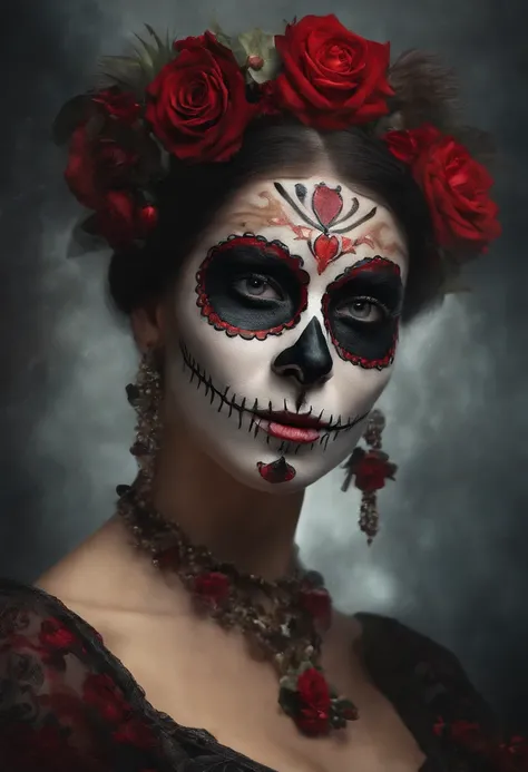 an oil painting in the style of WLOP of a woman with sugar skull paint and candles holding,  in the style of realistic fantasy artwork,  digital airbrushing,  tanya shatseva,  contrasting lights and darks,  pixel art,  exaggerated facial features,  Ruben M...