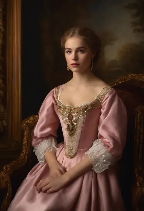 Master paintings，The daughter of a nobleman，White race，European and American faces，(15year old:1.4)，young，Urbane，inside in room，Warm background，offcial dress，Deep V neckline，High ponytail，(Small breasts are exposed:1.3)，Pink areola，Gem Necklace，Bracelet，fr...