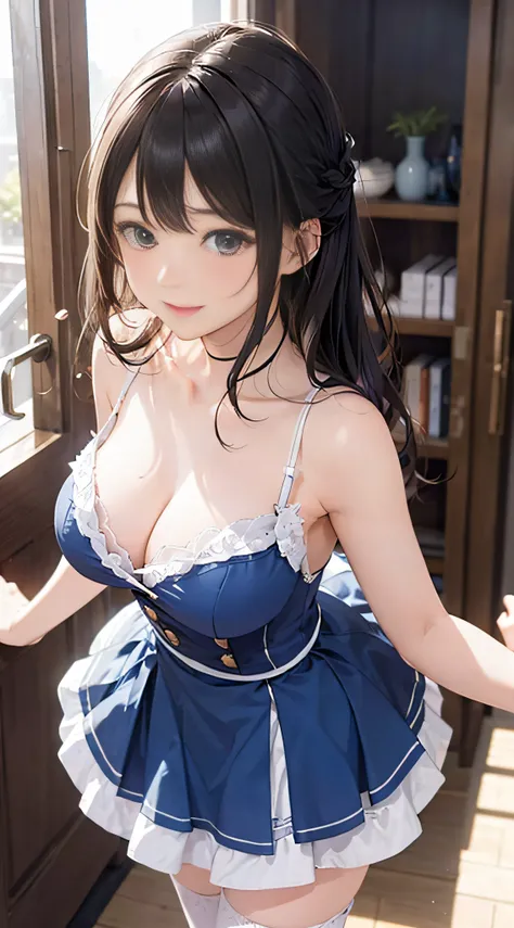 {8K Photo Quality:1.2}、{Ultra-high resolution photo quality:1.2}、{Super Real 1.2}、{Perfect limbs}、masutepiece、1womanl、Solo、White and Blue Companion Costume、Blue and white flared skirt、Puffy nipple、Event Venues、Chest Emphasis Pose、Shyness、Dynamic sexy poses...