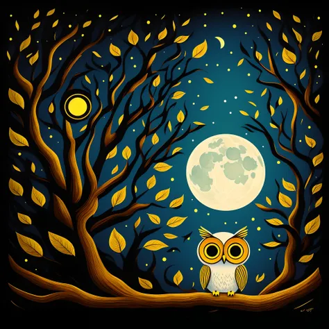 a cute owls sticker, golden eyes,cute white owls,a full moon,a deep forest,and a mysterious image. it's night but it's bright