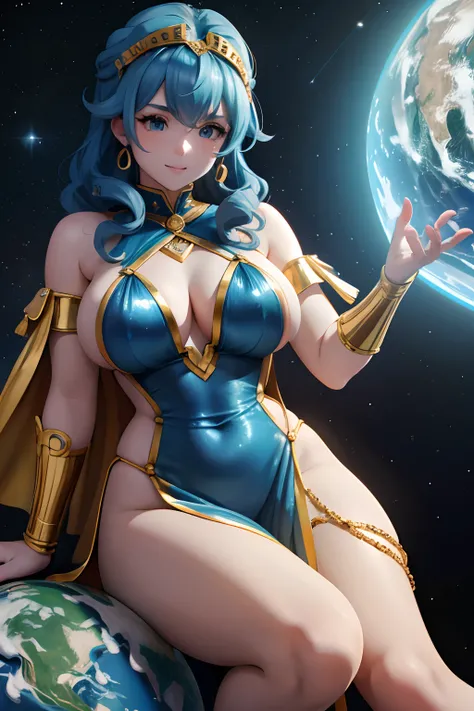 Blue haired Giantess, with curly hair, in the space sitting in a tiny planet earth, she is wearing a greco roman goddess dress color gold, big boobs