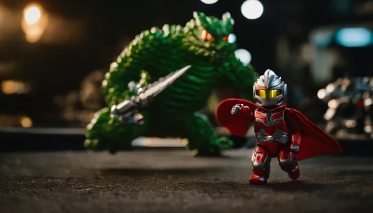 Showa Tokusatsu。He is fighting fiercely with a green monster dragon that breathes a large fire、Make a big picture of Ultraman Modoki。Those who run away々。The image has the texture of 8mm film。Miniature。Locations that appear in the office district。Big Kaiju ...