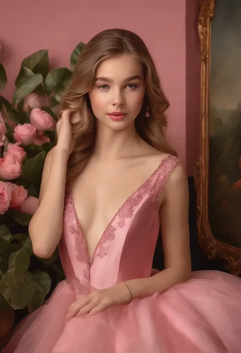 Master paintings，The daughter of a European aristocracy，Childish and cute face，(15year old:1.4)，young，Urbane，inside in room，Warm background，offcial dress，Deep V neckline，High ponytail，(Pink areola:1.5)，Gem Necklace，Bracelet，Happy