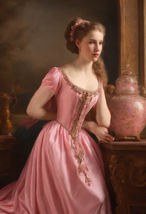 Master paintings，The daughter of a European aristocracy，Childish and cute face，(15year old:1.4)，young，Urbane，inside in room，Warm background，offcial dress，Deep V neckline，High ponytail，(Pink areola:1.5)，Gem Necklace，Bracelet，Happy