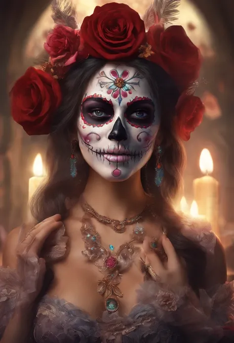 an oil painting in the style of WLOP of a woman with sugar skull paint and candles holding,  in the style of realistic fantasy artwork,  digital airbrushing,  tanya shatseva,  contrasting lights and darks,  pixel art,  exaggerated facial features,  Ruben M...