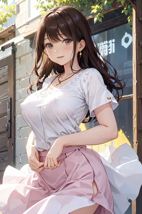 (High quality, High resolution, Fine details, Realistic), Long Wave Hair、dark brown hair、Earring、Modest necklace、White shirt with short sleeves,Pink flared skirt, crystal clear skies, Strong sunshine, Solo, Adult Woman, Sparkling eyes, Smile, blush, Large ...