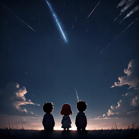 (Meteor:1.5), (magic:1.5), (fantasy:1.5), (centered image:1.5), (dark night sky:1.5), (starry sky:1.5), (cloud:1.5), (chibi emote:1.5), (chibi character:1.5), (Meteor:1.5), (shooting star:1.5), (Perseid meteor shower:1.5), (Back view of a couple staring at...