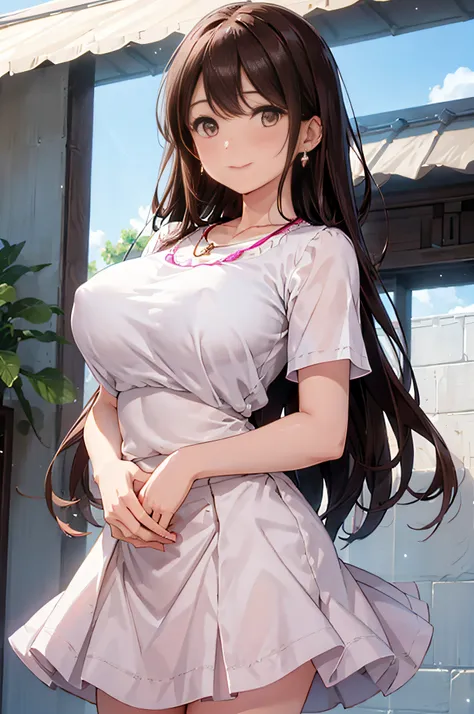 (High quality, High resolution, Fine details, Realistic), Long Wave Hair、dark brown hair、Earring、Modest necklace、White shirt with short sleeves,Pink flared skirt, crystal clear skies, Strong sunshine, Solo, Adult Woman, Sparkling eyes, Smile, blush, Large ...