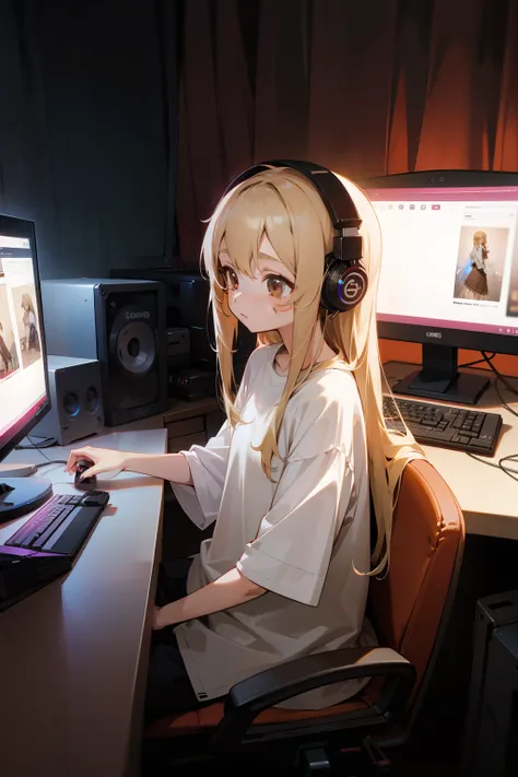 Long ash blonde hair, brown eyes, girl, small, cute, big shirt, computer, gaming, rgb lights, headphones