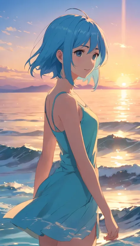 masterpiece, best quality, movie still, 1girl,Standing in the middle of the sea, close-up, bright, happy, warm soft lighting, sunset,Light blue hair,Short body