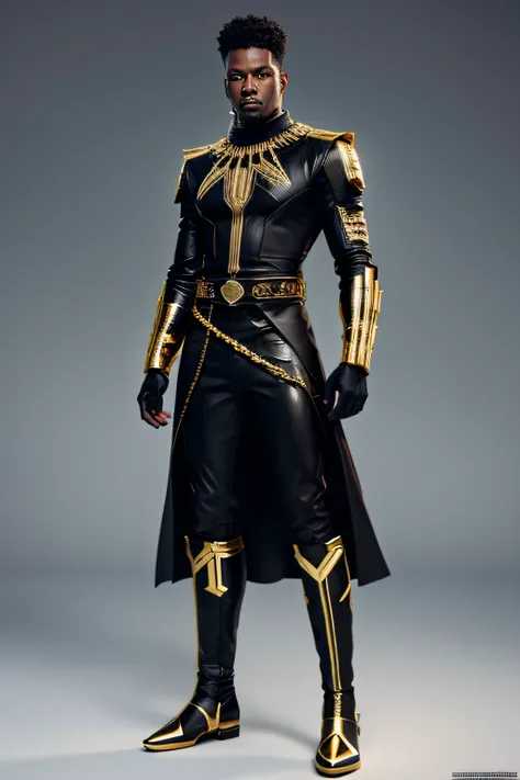 arafed image of a man in a black leather outfit, concept art inspired by black panther, tumblr, afrofuturism,dress super hero suit, black with gold accents, full body, realistic, 4k