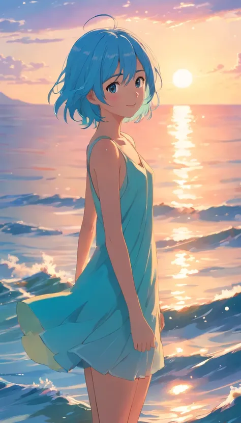 masterpiece, best quality, movie still, 1girl,Standing in the middle of the sea, close-up, bright, happy, warm soft lighting, sunset,Light blue hair,Short body,nude