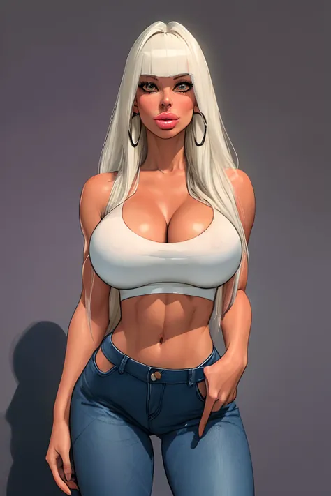 (3/4 view:1.4)(masterpiece:1.2, best quality), 1lady, solo, upper body, big tits, wide hips,
light blue wash skinny jeans, white tank top, midriff exposed, (thin suspenders:1.0), high heel boots, (detailed eye lashes:1.4), (full lips:1.7), (detailed face:1...