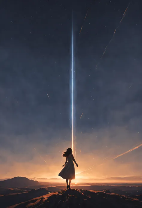 A woman standing confidently as a meteor streaks across the sky