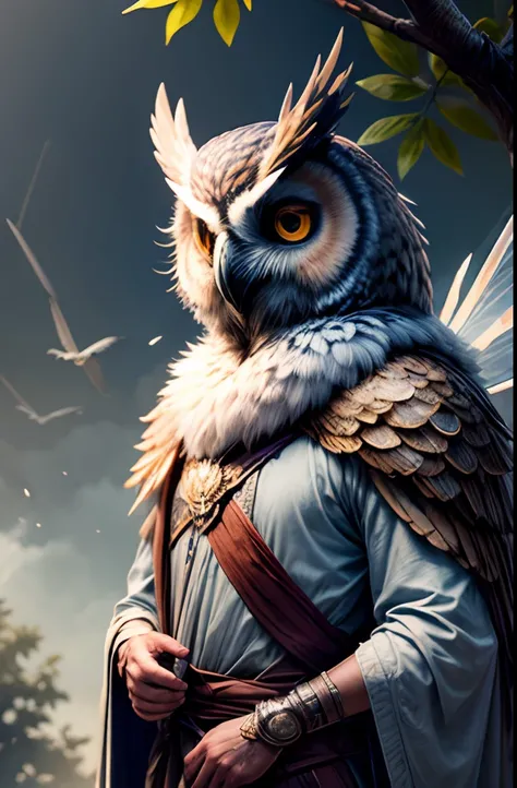 （Anthropomorphic cool owl），Bright eyes，Radar lugs，Sharp mouth，Wearing a fairy robe，carrying swords on his back，standing on a tree branch，Realistic details，Ethereal fantasy，Virtual animals，rays of moonlight，Quiet。