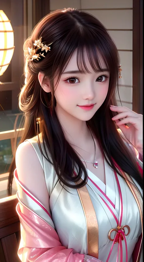 best quality, masterpiece, highres, 1girl,blush,(seductive smile:0.8),star-shaped pupils,china hanfu,hair ornament,necklace, jewelry,Beautiful face,upon_body, tyndall effect,photorealistic, dark studio, rim lighting, two tone lighting,(high detailed skin:1...