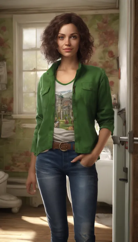 a young woman, 30 years old, looking at the viewer, brunette with short hair, with a baseball bat in her hand, with the face of a Disney character, wearing makeup, standing near the bathroom, wearing a green blouse, jean shorts, ultrarealistic resolution, ...