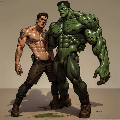 Frankenstein monster, and, green skin, muscular, masterpiece, full body view, distressed clothes, shirtless, brown pants, oversized boots, angry face, bolts on each side of neck