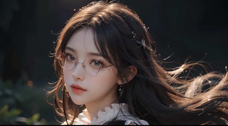 witch girl  wear beautiful glasses in a magical fantasy world.,stand under the starry sky, with sparkling eyes and charming lips...