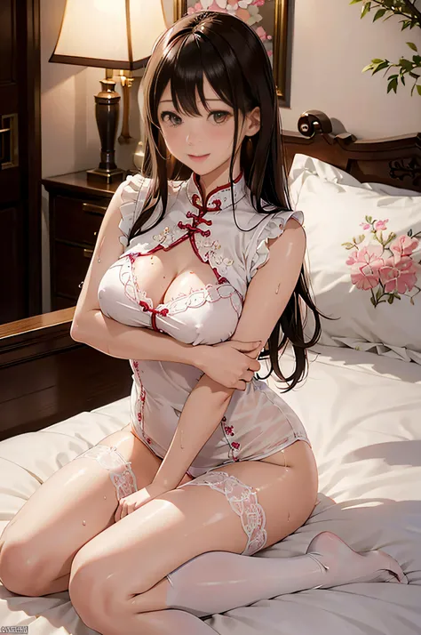 masutepiece,Best Quality,High resolution,Fine details,Solo,Adult Woman,blush,Curve,Large breasts,Oily skin,(Wet white cheongsam、gorgeous embroidery),Luxury hotel beds、Dark brown longhair、Shy laughter、Stockings、Puffy hips、Puffy nipple、lyin in bed、Red lace p...