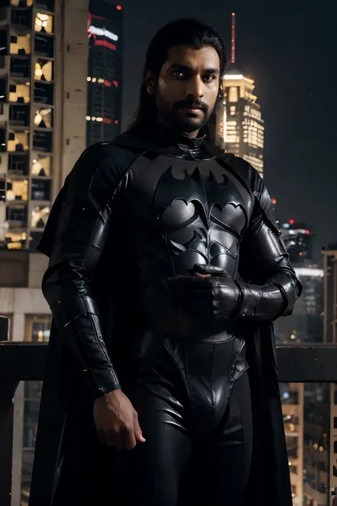 Indian Man in Shiny Black Batman Costume, Golden Batman Symbol, Medium Long curly Hair falling aside face, Beards, Black Latex Full Sleeve Long Shirt, Black Latex Pants, Black Cape, Big Dick, Bulky Physique, Standing, Crossed Arms, Dark Semi-ruined Gotham ...