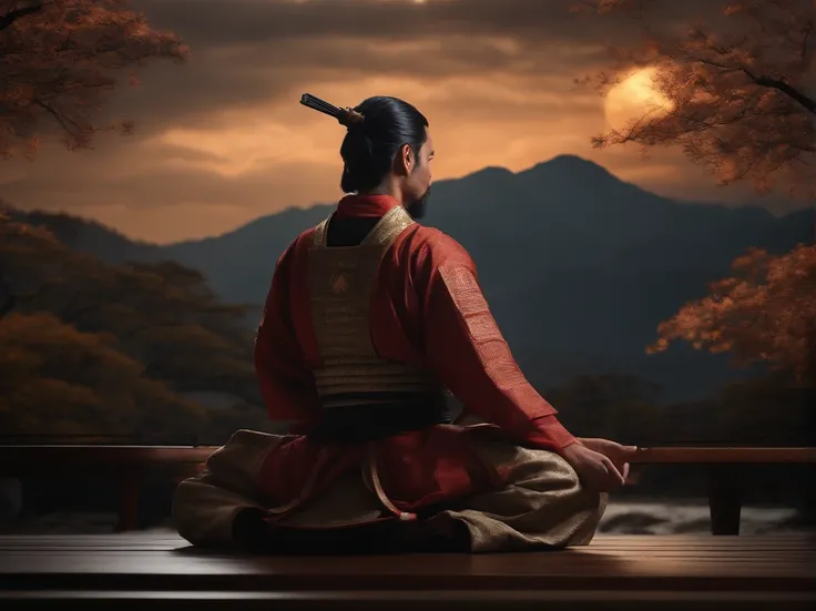 Realistic samurai meditating on his lap  (​masterpiece) (8K High Resolution) (top-quality) (Ultra Definition) (Photo Raw) (dark backgrounds)