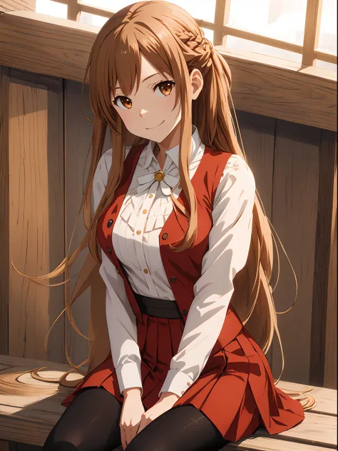 masutepiece, Best Quality, hight resolution, Arsuna, Long hair, Brown hair, braid, Brown eyes,White shirt,red skirt, black pantyhose,cowboy shot,Pleated skirt,red vest,sitting,light smile, Town,city,fantasy,