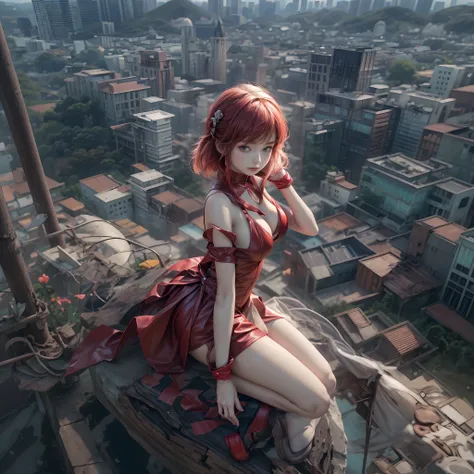 (SFW, NSFW_STILL_SHOW), Oppai-Loli、((wide-angle, Flying Magic、Floating hair、Floating in the air, Curved horizon, Overlooking a city eroded by the jungle,Above the city)), { (Mystic sight)| best quality | 8k | clear |focused } (Masterpiece:1.2, photo-realis...