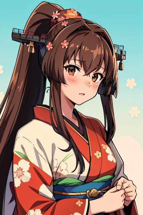 yamato_(kancolle), (masterpiece, best quality:1.2),illustration,8k,hd,1girl,solo,upper body,(portrait:1.2),long_hair,brown_hair,ponytail,hair_ornament,flower,hair_flower,very_long_hair,large_breasts,brown_eyes,blush,hair_between_eyes, (newyear_costume), ja...