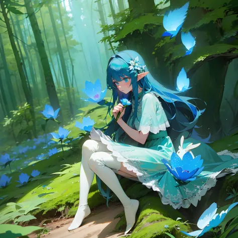 Green girl with long hair，blue color eyes，Elf style，Wearing a long green lace dress，The scene is in the forest，Over-the-knee lace stockings，Sitting on a yellow deer，Holding a light blue flower in his hand。