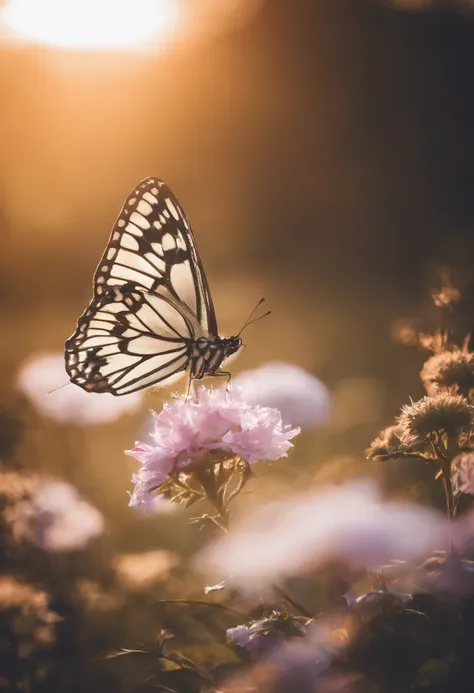 harmony of butterfly, sunny morning light, in soft dreamy light at sunset, blur dreamy outdoor, summer morning light, soft morning light, butterfly, beautiful photo, beautiful soft light, holding a flower, soft golden light, holding magic flowers, beautifu...