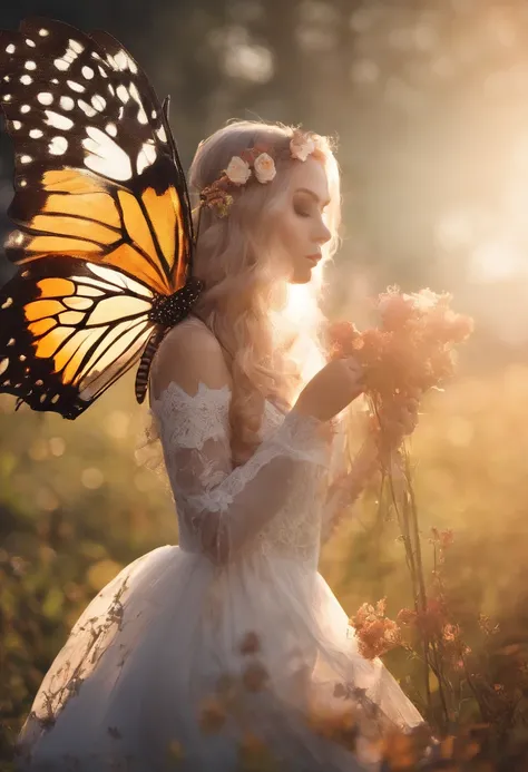 harmony of butterfly, sunny morning light, in soft dreamy light at sunset, blur dreamy outdoor, summer morning light, soft morning light, butterfly, beautiful photo, beautiful soft light, holding a flower, soft golden light, holding magic flowers, beautifu...