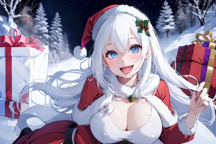 Christmas,Snowy landscape in winter,beautiful ilumination,Santa Claus in a voluminous luxurious dress,white  hair,Blue eyes,There are a lot of ornaments and gifts around,Happy smile,It was a transparent outfit and the air was transparent.,Surrounded by mul...