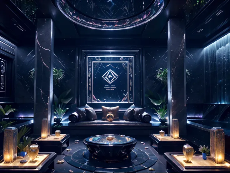 incredible luxurious futuristic karaoke bar in Ancient Vietnamese style with many ((lush plants)) (lotus flowers), ((amazing waterfalls)), (marble), ((precious minerals)), ((metals)), (gemstones), crystals, ((water)), futuristic luxury furniture, ((hierogl...